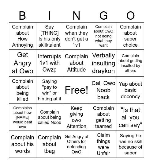 OwO Ragebait Bingo 2025 Bingo Card