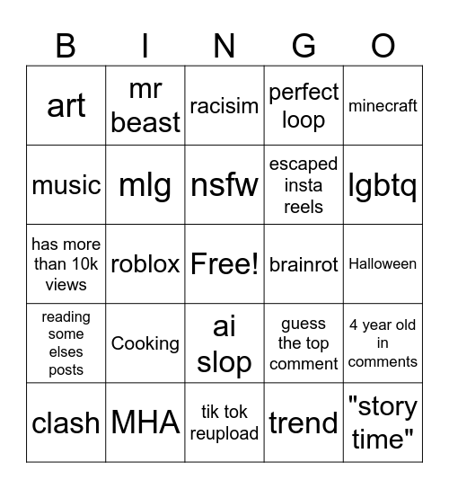 YT Shorts Bingo! Bingo Card