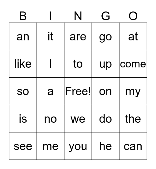 Sight Word Bingo Card