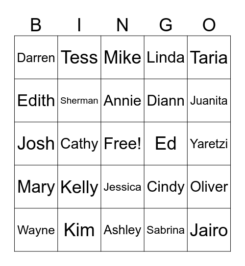 Names Bingo Card