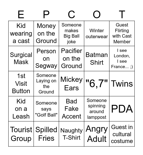 Epcot Bingo Card