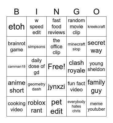 shorts bingo Card