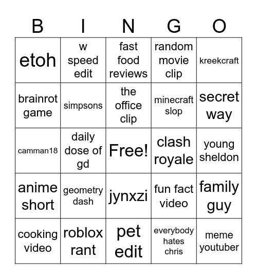 shorts bingo Card