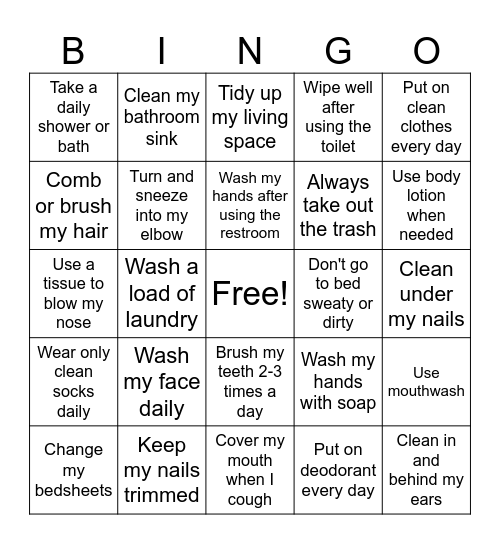 Hygiene Bingo Card