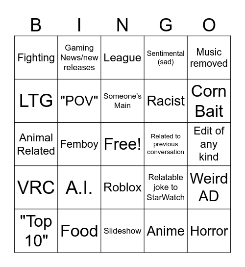 Star-Watch Bingo Reels Bingo Card