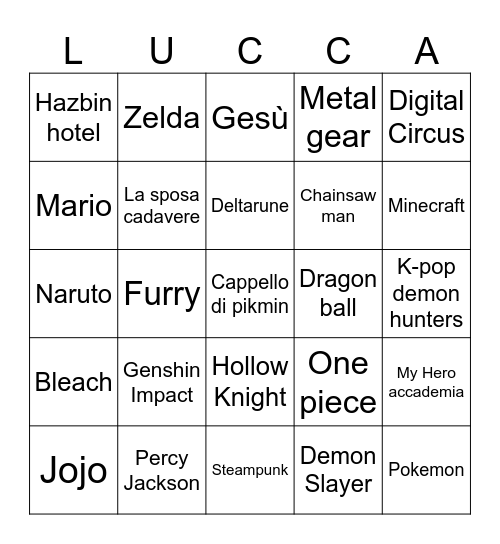 Cosplay Lucca comics Bingo Card