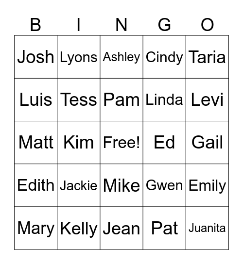Names Bingo Card