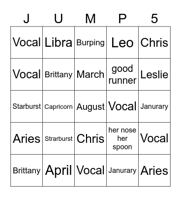 Jump5 Bingo Card