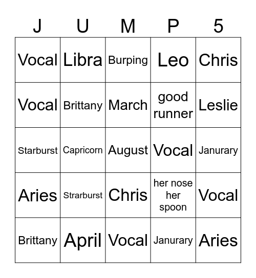 Jump5 Bingo Card