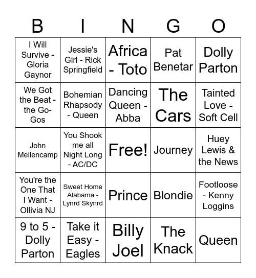 1975-1985 Music BINGO Card