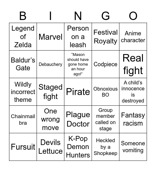 Renaissance Festival Bingo Card