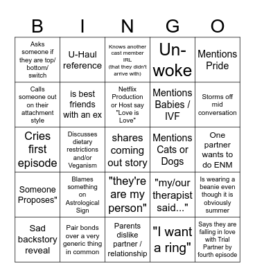 The Ultimatum: Queer Love Bingo Card