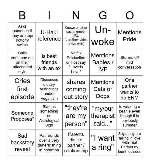 The Ultimatum: Queer Love Bingo Card