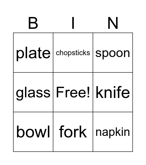 Tableware Bingo Card