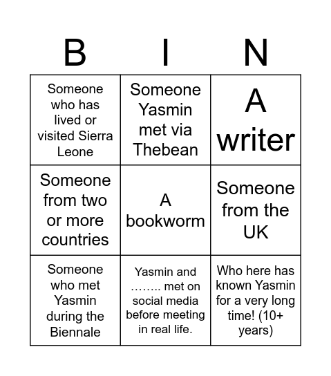 Yasmin’s birthday bingo! 🥳 Bingo Card