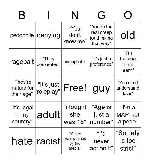pedo bingo Card