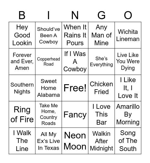 Country Hits Bingo Card