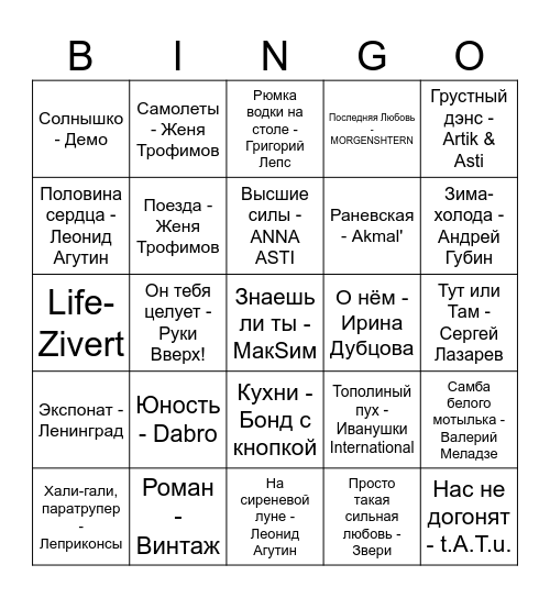 РАУНД №1 Караоке Хиты Bingo Card