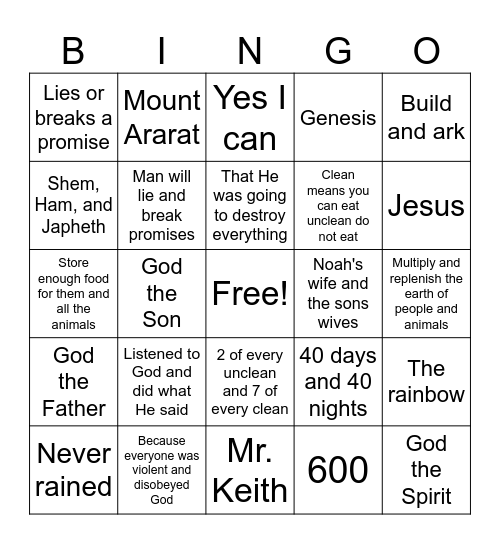 Noah and God's Promise Bingo Card