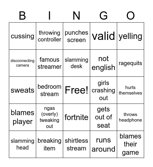 Gamer rage bingo Card