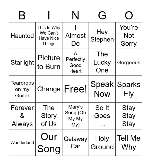 ERAS TOUR SETLIST Bingo Card