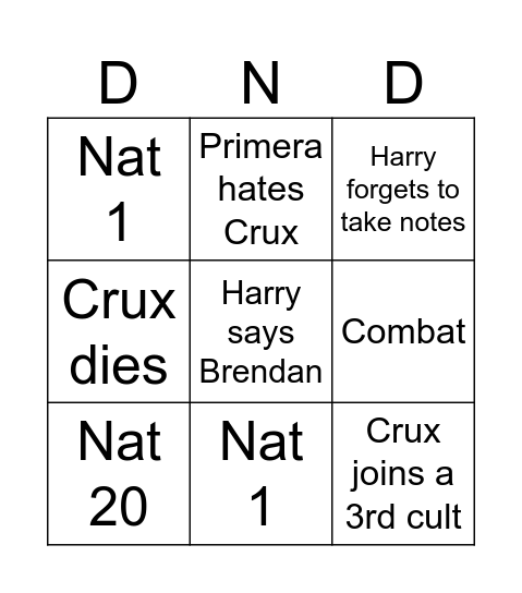 DND Today Bingo Card