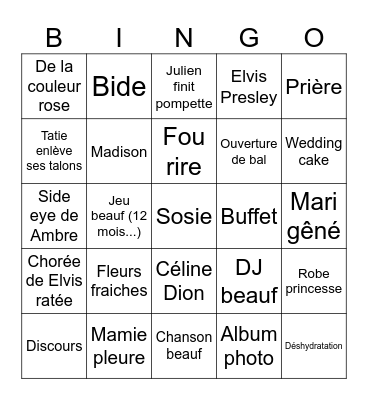 Mariage de Tatie Bingo Card