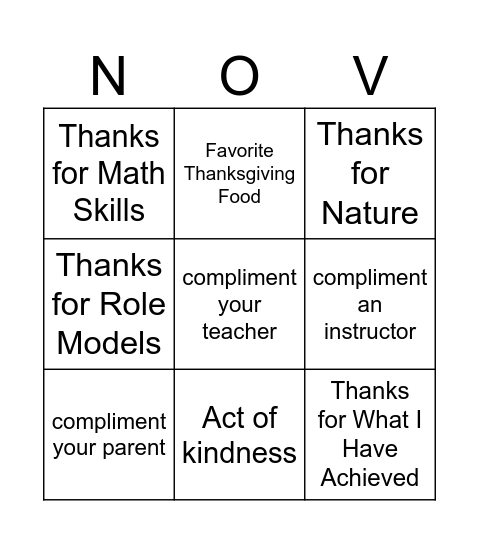 Gratitude Bingo Card
