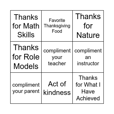 Gratitude Bingo Card