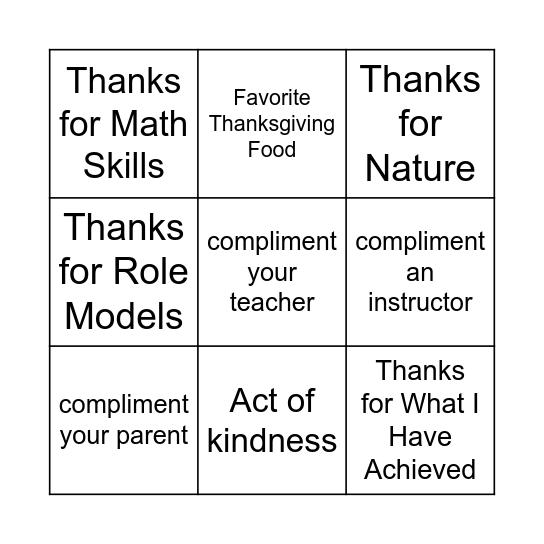 Gratitude Bingo Card