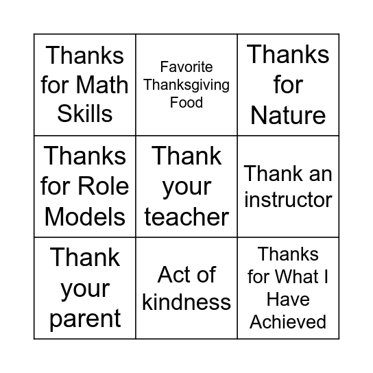 Gratitude Bingo Card