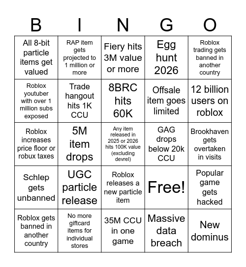 2026 roblox bingo Card