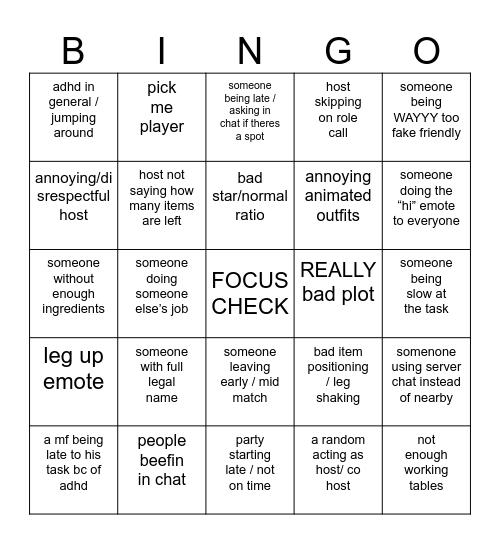 COOKING PARTY BINGO ! Bingo Card