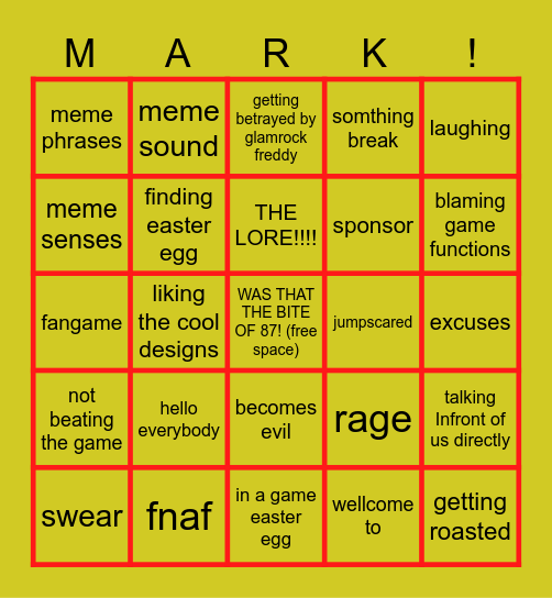 markiplier Bingo Card