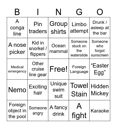 Disney Cruise Bingo Card