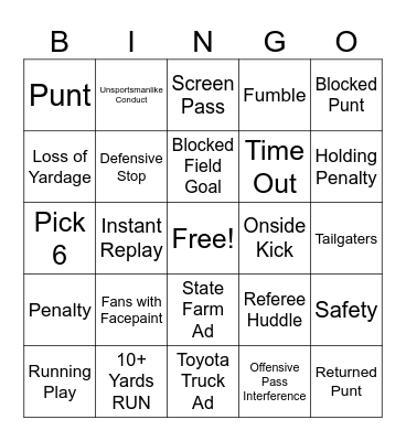 Gunslinger Football Bingo Card