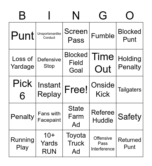 Gunslinger Football Bingo Card