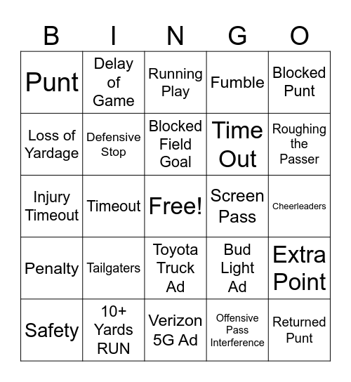 Gunslinger Football Bingo Card
