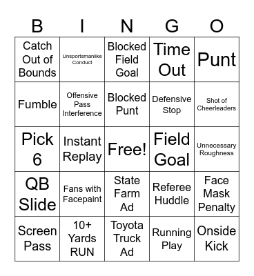 Gunslinger Football Bingo Card