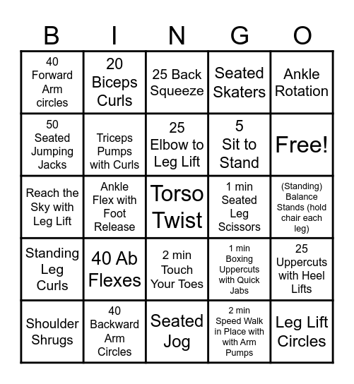 Fitness Bingo Card