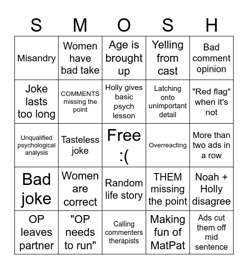 Reddit Podcast Bingo Card