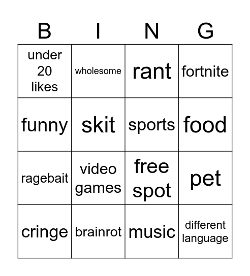 tiktok Bingo Card