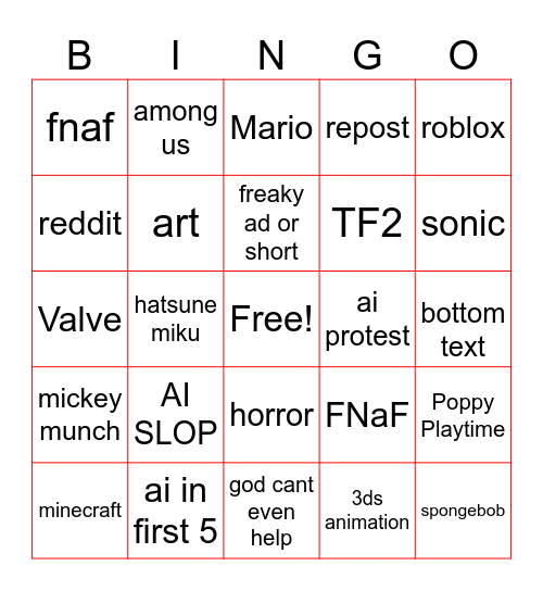 YT Short bingo Card