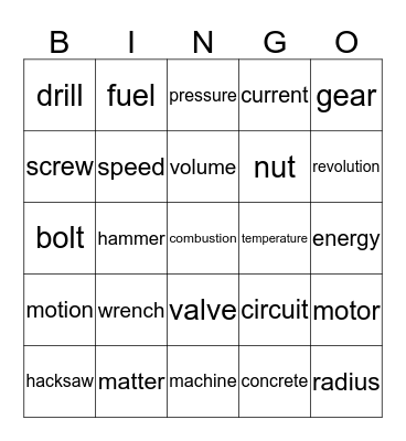Mechanical Engineering Vocabulary Bingo Card