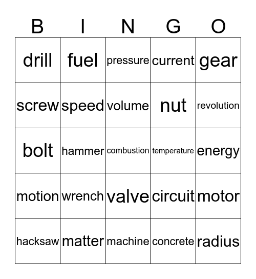Mechanical Engineering Vocabulary Bingo Card