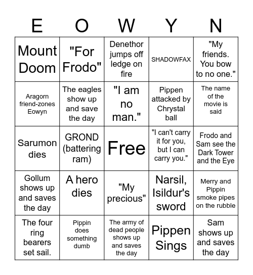 THE RETURN OF THE KING Bingo Card
