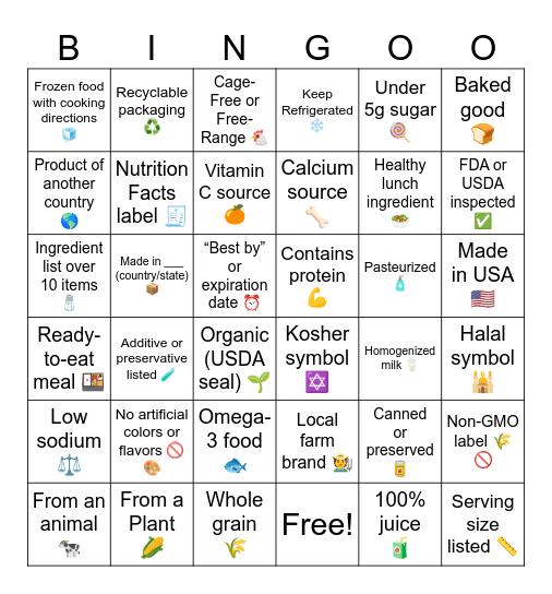FOOD Bingo Card