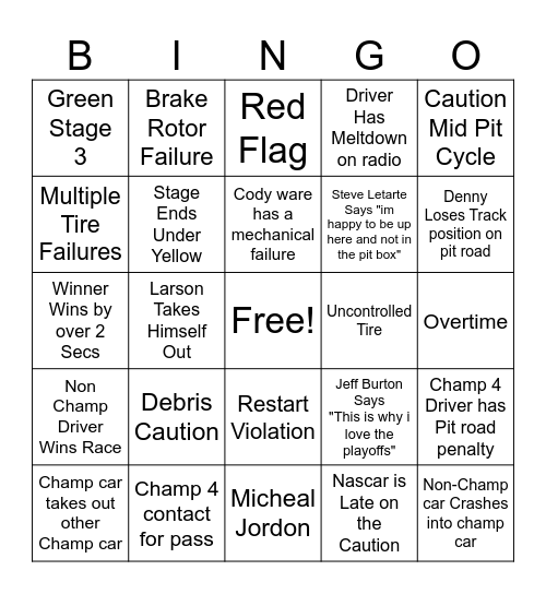 Nascar Pheonix 2025 Bingo Card
