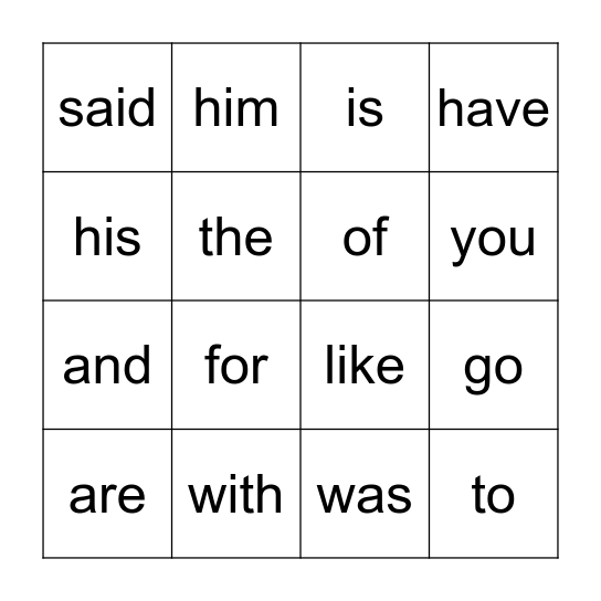 Heart Word Bingo Card