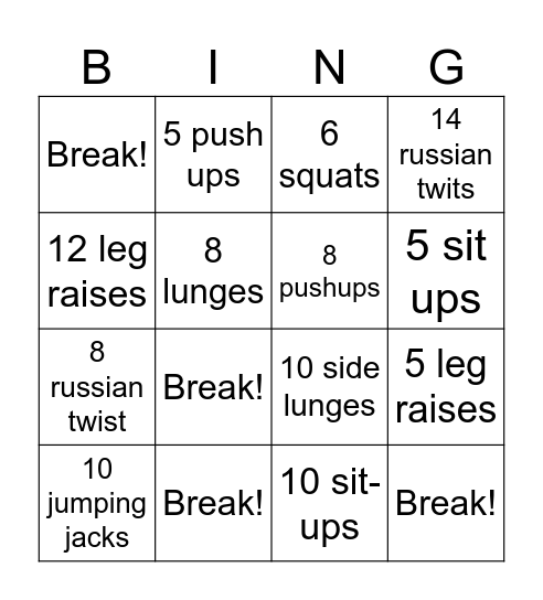 Workout bingo Card